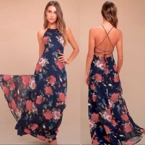 Lulu’s navy blue red floral strappy open back gown